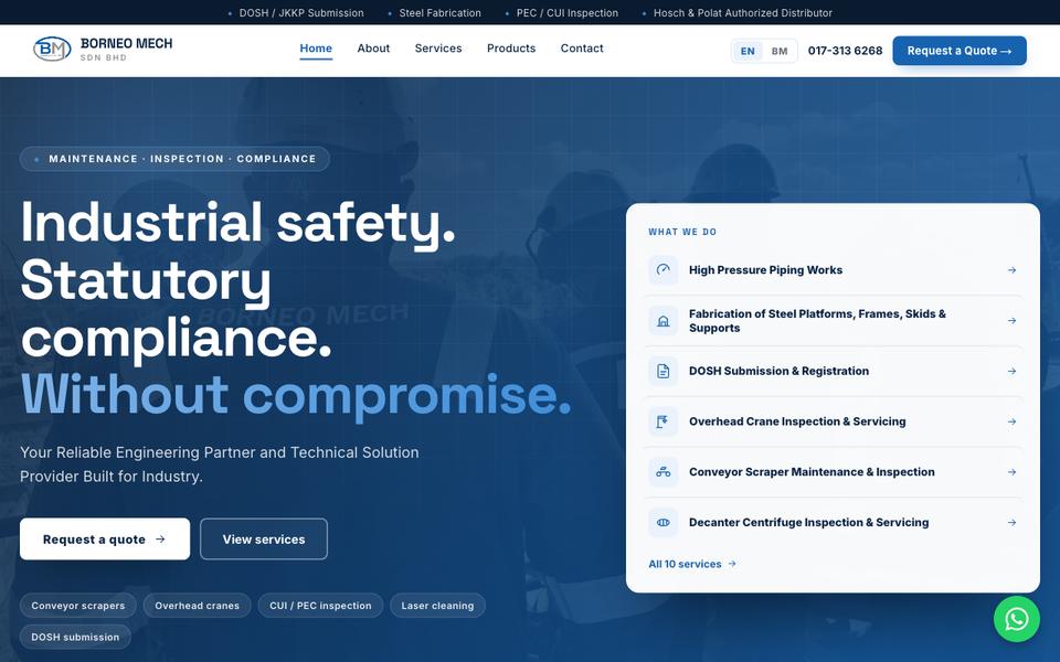 Homepage of Borneo Mech, Sabah, a live client website built by S&S Technology Solution